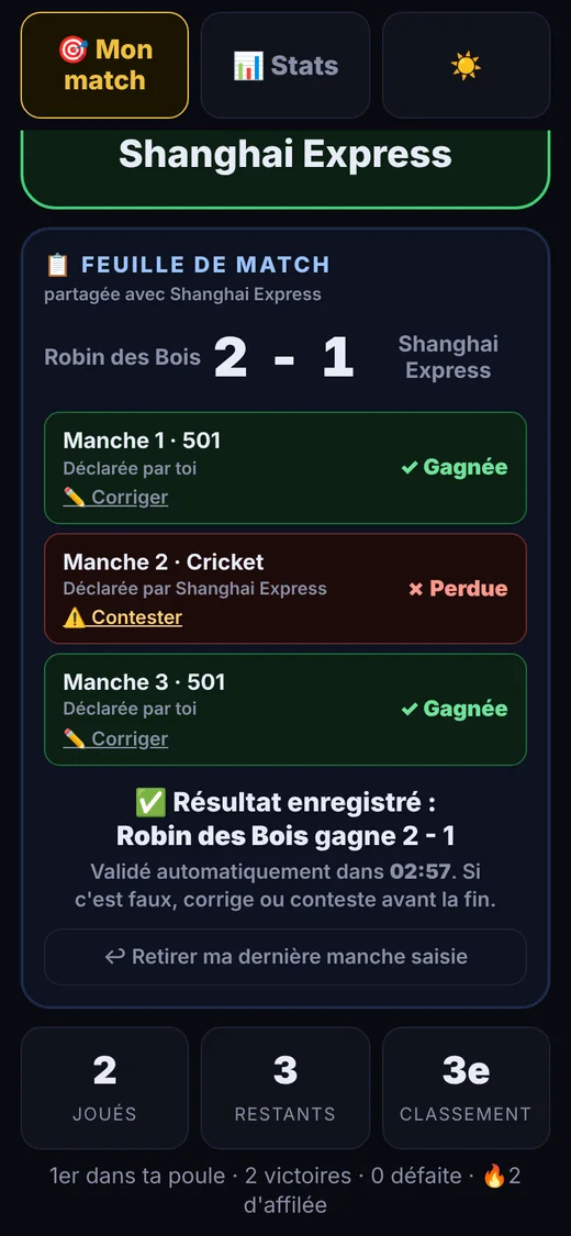 Feuille de match terminée, résultat enregistré