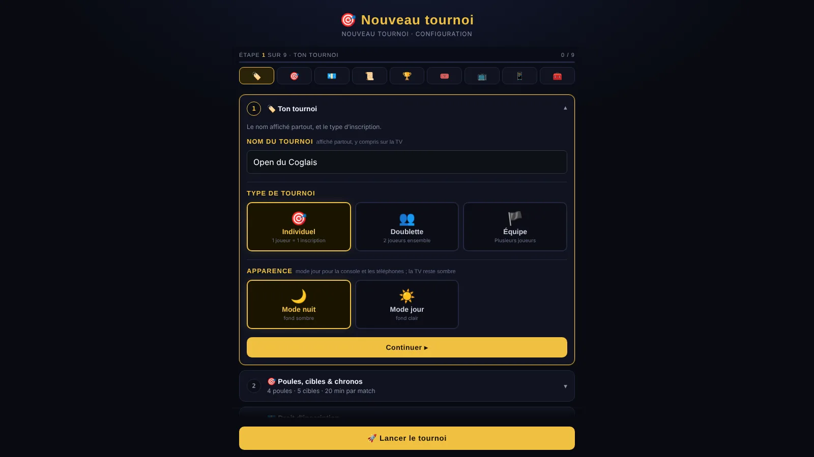 Écran de configuration d'un nouveau tournoi